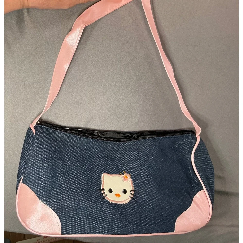 NEW Hello Kitty Denim Shoulder Bag w/Pink Trim Sanrio Y2K Small Handbag